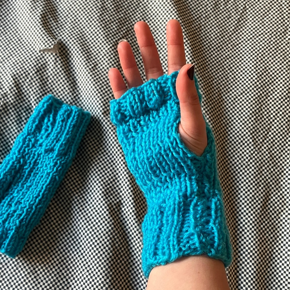 Hand Knit Fingerless Gloves in Bright Teal Handmade Small/Medium